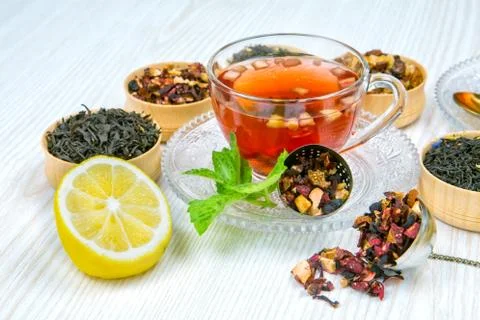 Tea, Cup of tea, various kinds of tea, tea on the table Stock Photos