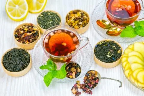 Tea, Cup of tea, various kinds of tea, tea on the table Stock Photos