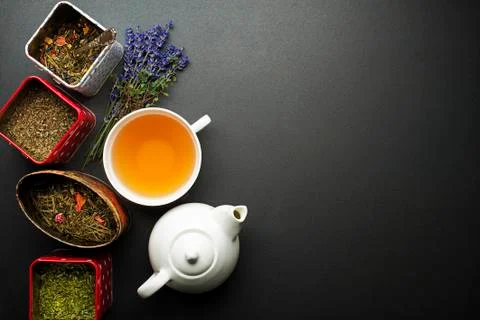 Tea cup with teas collection Stock Photos