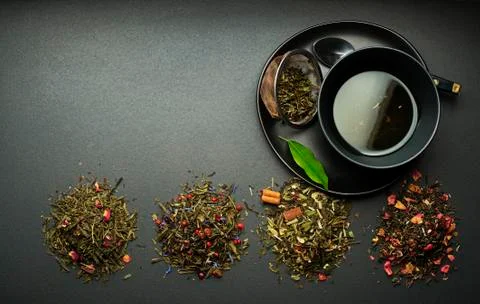 Tea cup with teas collection Stock Photos