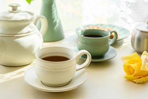 Tea Cups and Can Serving with Green Tea Stock Photos