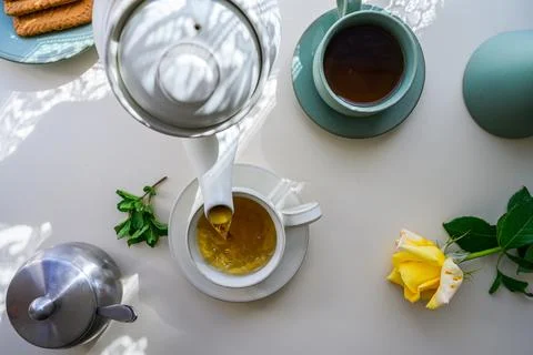 Tea Cups and Can Serving with Green Tea Stock Photos