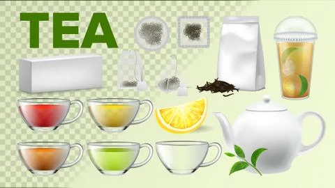 Tea Cups And Pot Kitchenware Vector Realistic Set 스톡 일러스트