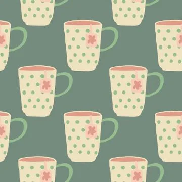 Tea cups with dots and flower seamless pattern. Kitchen dish silhouettes in l Stock Illustration