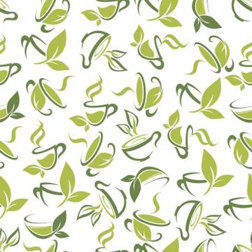 Tea cups with leaves seamless pattern background Stock Illustration