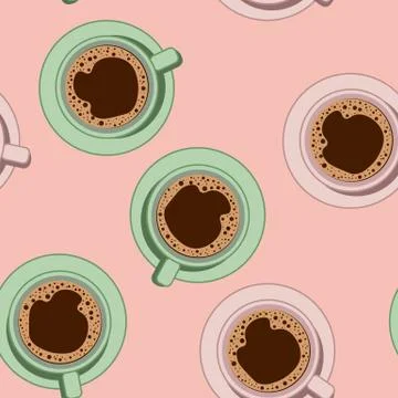 Tea cups on pink background seamless vector pattern. Morning cafe or restaura 스톡 일러스트