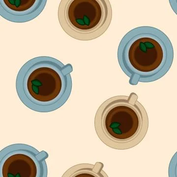 Tea cups seamless vector pattern. Morning cafe or restaurant breakfast. Vecto Stock Illustration