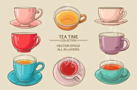 Tea cups set color Stockillustratie