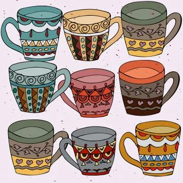 Tea cups set doodle illustration. Stock Illustration
