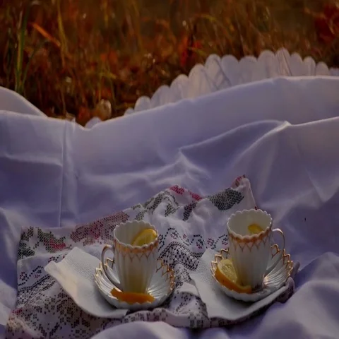 Tea in cups at sunset Stock Footage 69541212