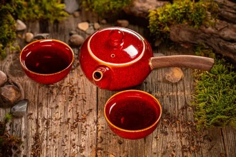 Tea cups with teapot Stock Photos