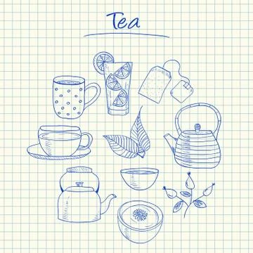 Tea doodles - squared paper Stock Illustration