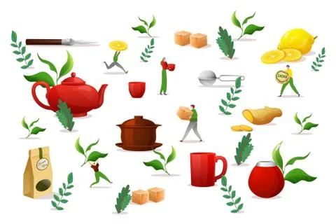 Tea drink object set elements, vector illustration. Morning making liquid in Stock Illustration