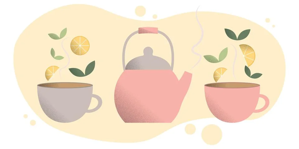 Tea drinking concept.A set of teapot and two mugs Stock Illustration