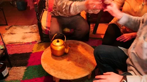 Tea drinking in Marrakesh boutique time lapse close up Stock Footage 58356650