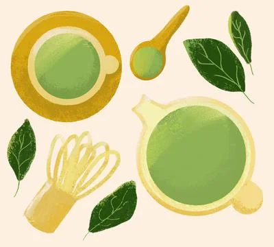 Tea drinking set, green detox drink, tea leaves. It's time to drink. Stock Illustration