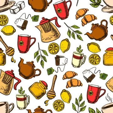 Tea drinks seamless pattern with cups and leaves Stock Illustration