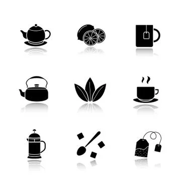 Tea drop shadow black icons set 库存插图