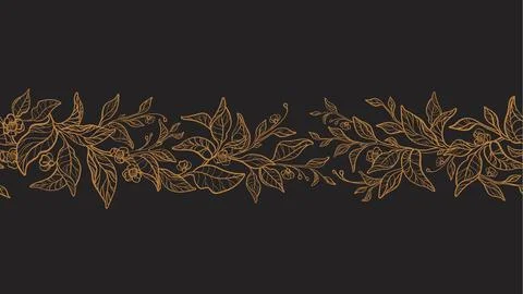 Tea elegant seamless pattern. Golden art line twig Stock Illustration