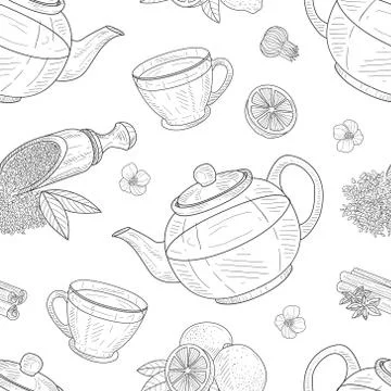 Tea Elements Seamless Pattern, Cafe, Restaurant Menu or Tea Shop Design, Fabric 库存插图