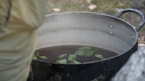 Tea in field conditions from forest herbs and leaves. Herbal tea. Stock Footage 197068338