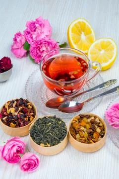 Tea, fruit tea, Cup of tea, various kinds of tea, tea on the table Foto stock