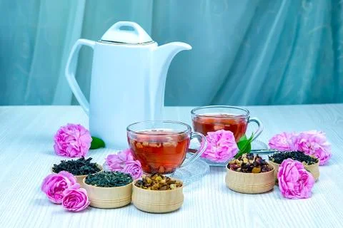 Tea, fruit tea, Cup of tea, various kinds of tea, tea on the table Stock Photos