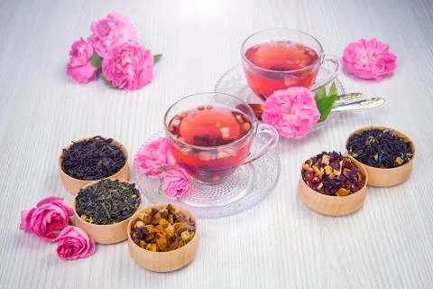 Tea, fruit tea, Cup of tea, various kinds of tea, tea on the table Stock Photos