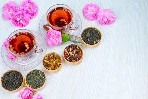 Tea, fruit tea, Cup of tea, various kinds of tea, tea on the table Stock Photos
