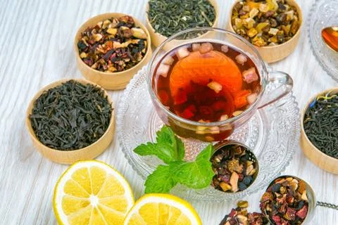 Tea, fruit tea, Cup of tea, various kinds of tea, tea on the table Stock Photos