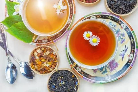 Tea, fruit tea, Cup of tea, various kinds of tea, tea on the table Stock Photos