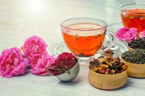 Tea, fruit tea, Cup of tea, various kinds of tea, tea on the table Stock Photos