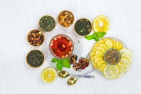 Tea, fruit tea, Cup of tea, various kinds of tea, tea on the table Stock Photos