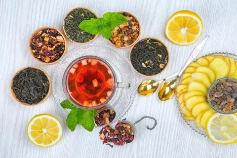 Tea, fruit tea, Cup of tea, various kinds of tea, tea on the table Stock Photos