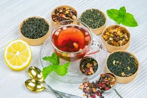 Tea, fruit tea, Cup of tea, various kinds of tea, tea on the table Stock Photos