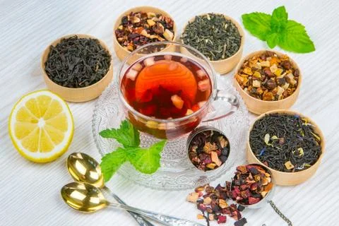 Tea, fruit tea, Cup of tea, various kinds of tea, tea on the table Stock Photos