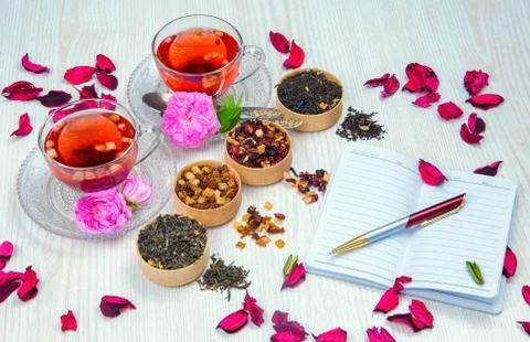Tea, fruit tea, Cup of tea, various kinds of tea, tea on the table Stock Photos