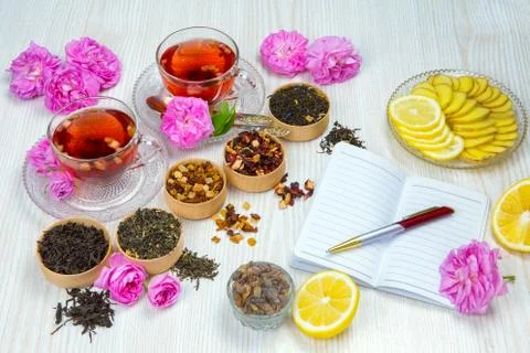 Tea, fruit tea, Cup of tea, various kinds of tea, tea on the table Stock Photos