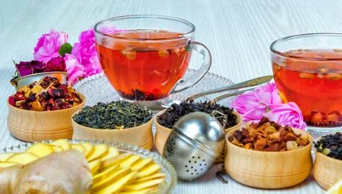 Tea, fruit tea, Cup of tea, various kinds of tea, tea on the table Stock Photos