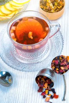 Tea, fruit tea, Cup of tea, various kinds of tea, tea on the table Stock Photos