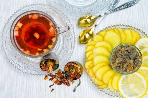 Tea, fruit tea, Cup of tea, various kinds of tea, tea on the table Stock Photos
