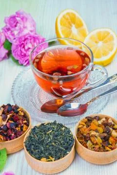 Tea, fruit tea, Cup of tea, various kinds of tea, tea on the table Stock Photos