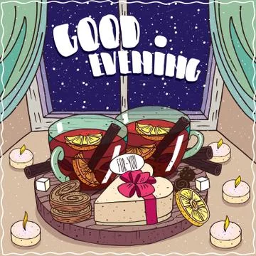 Tea with gift box in heart shape near window Stock Illustration