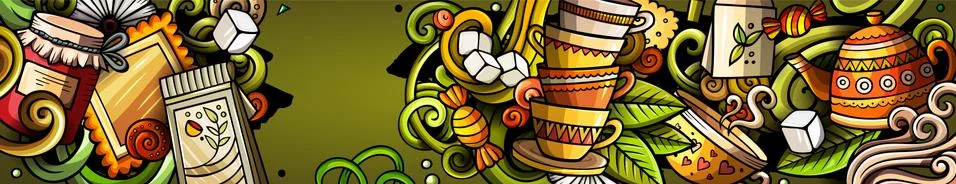 Tea hand drawn doodle banner. Cartoon detailed flyer. Stock Illustration