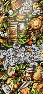 Tea hand drawn doodle banner. Cartoon detailed flyer. Stock Illustration