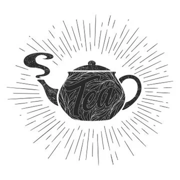 Tea hand drawn logo with black teapot, leaves, branches and lettering isolate Stock Illustration