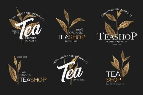 Tea hand drawn logos collection with golden tea branches and leaves isolated  Stock Illustration