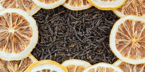 Tea herbs texture. Black tea background. Organic dried black tea leaves. Stock Photos