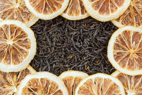 Tea herbs texture. Black tea background. Organic dried black tea leaves. Stock Photos
