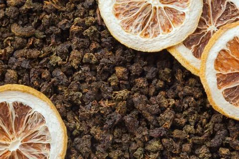 Tea herbs texture. Oolong tea background. Organic dried green tea leaves. Stock Photos